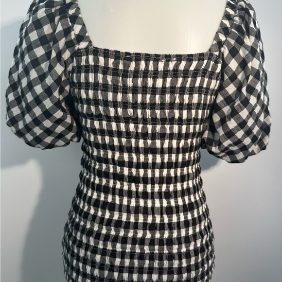 Endless Rose XS Black White Gingham Smocked Puff Sleeve Mini Dress Cotton Boho! - Picture 7 of 9
